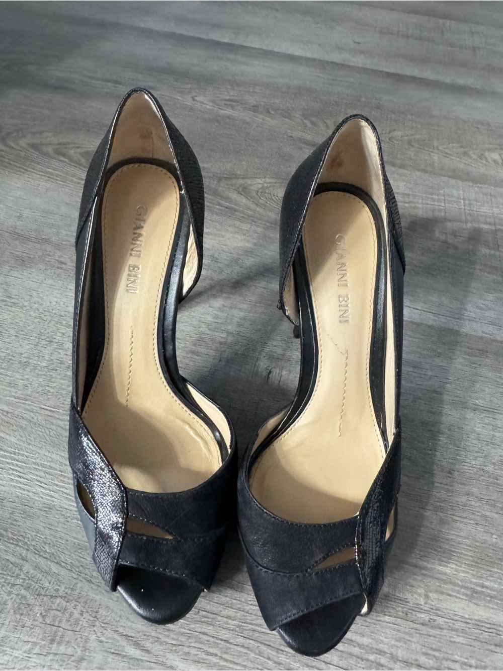 Gianni Bini Black Peep-Toe D'Orsay Heels with Metallic Accent